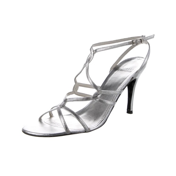 • Stuart Weitzman Metallic Silver Leather Sandals size 9 - Picture 2 of 12